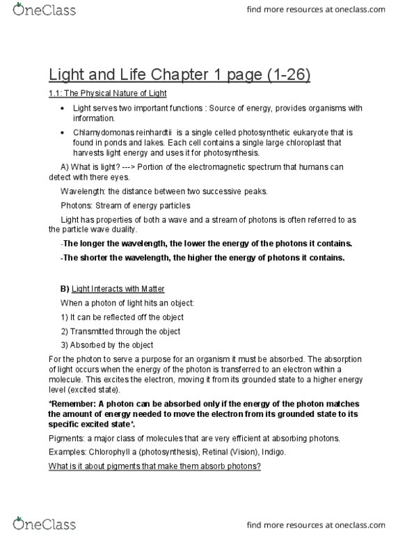 BIOL 1000 Chapter Notes - Chapter Chapter 1: Chlamydomonas Reinhardtii, Electromagnetic Spectrum, Photon thumbnail